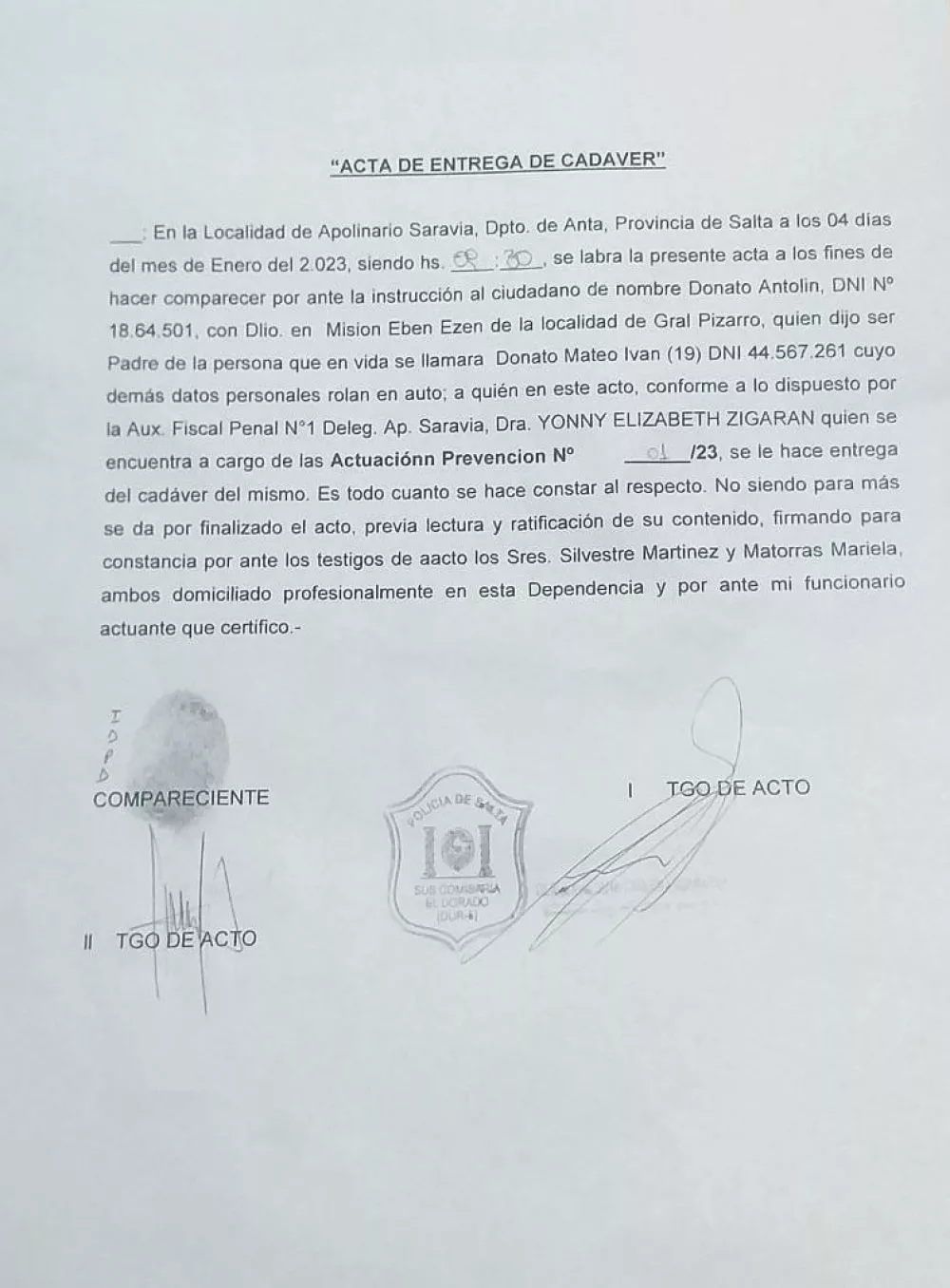acta entrega cadáver